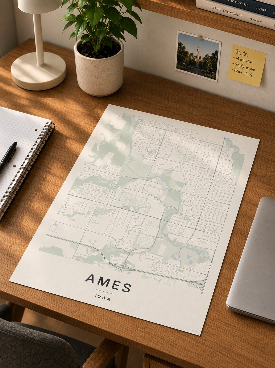 Ames map print framed on a wall