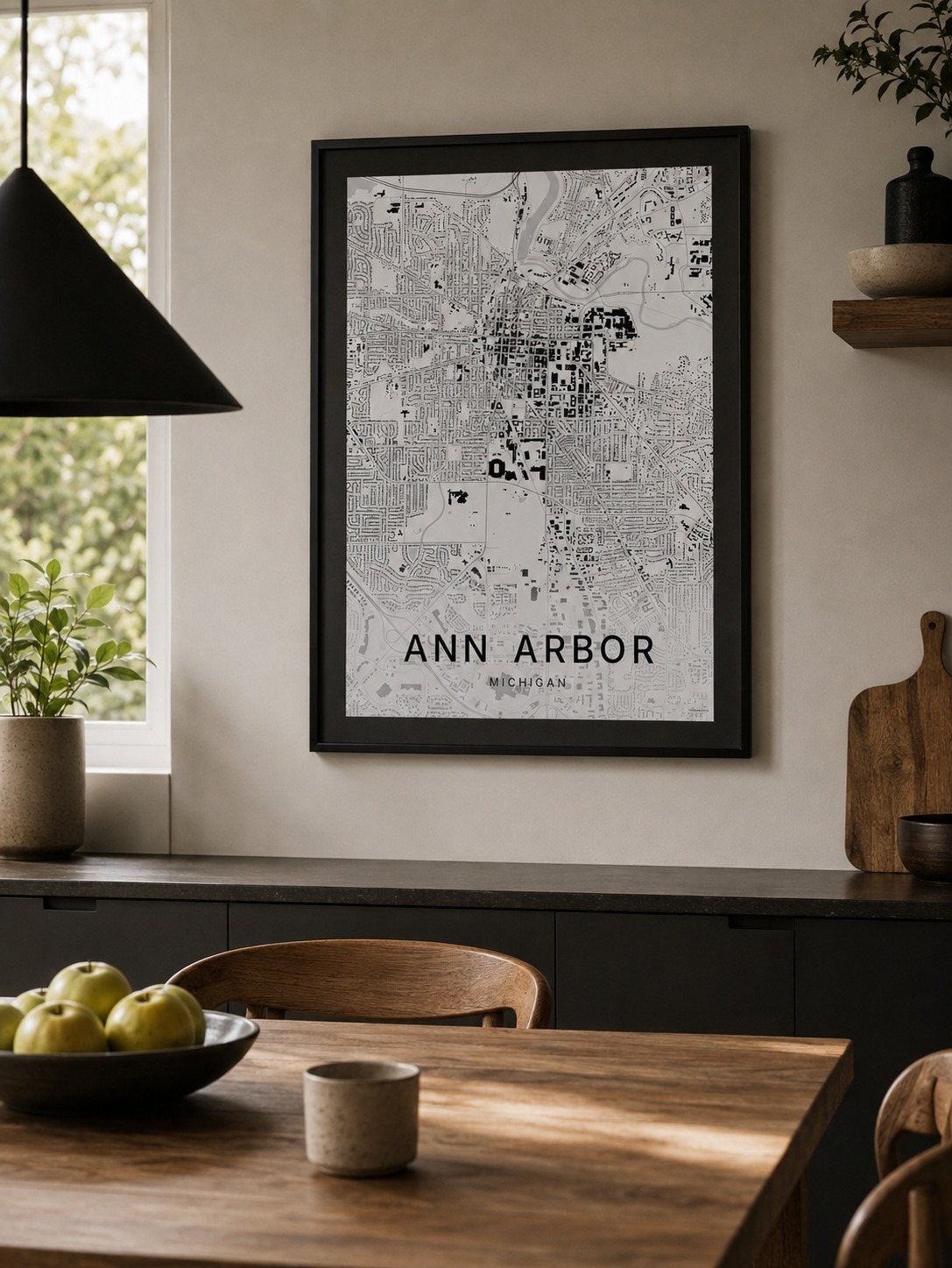 Ann Arbor map print framed on a wall