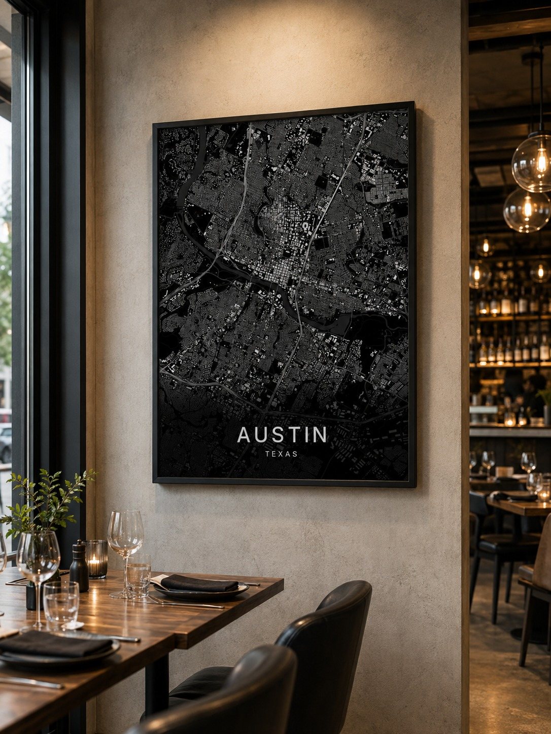 Austin map print framed on a wall