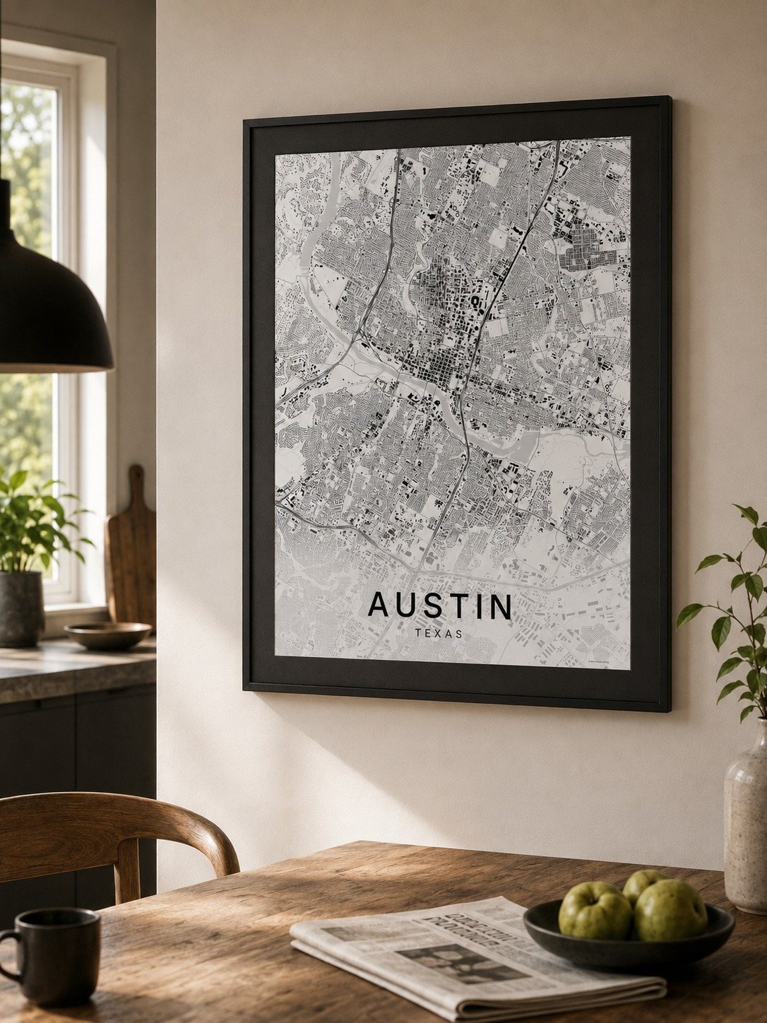 Austin map print framed on a wall