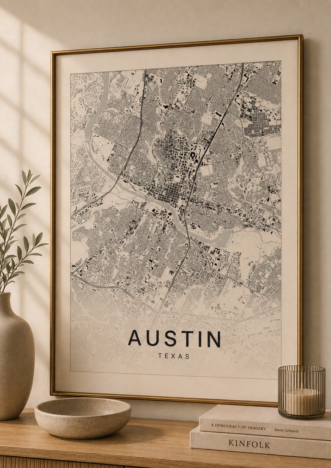 Austin map print framed on a wall