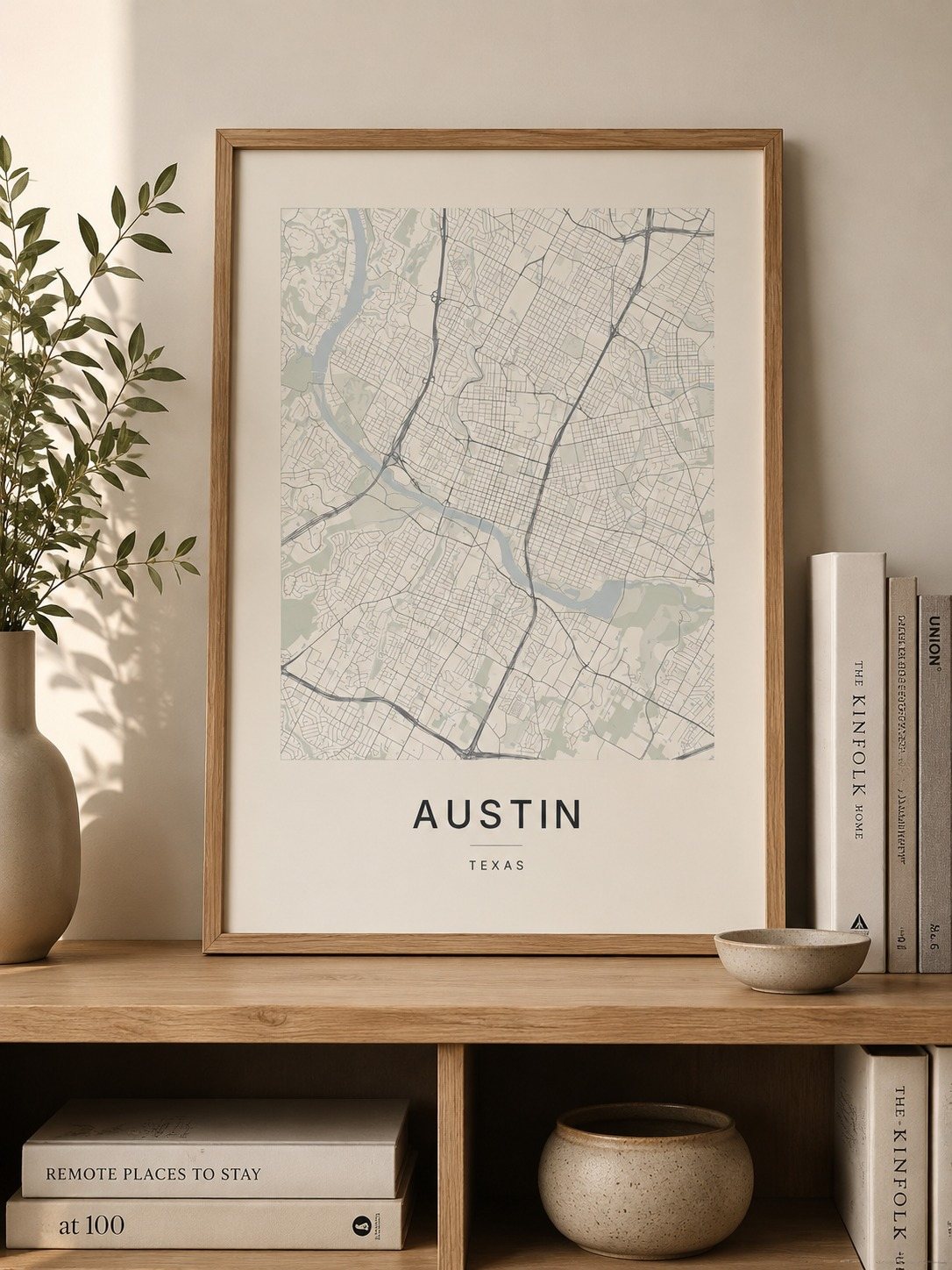 Austin map print framed on a wall