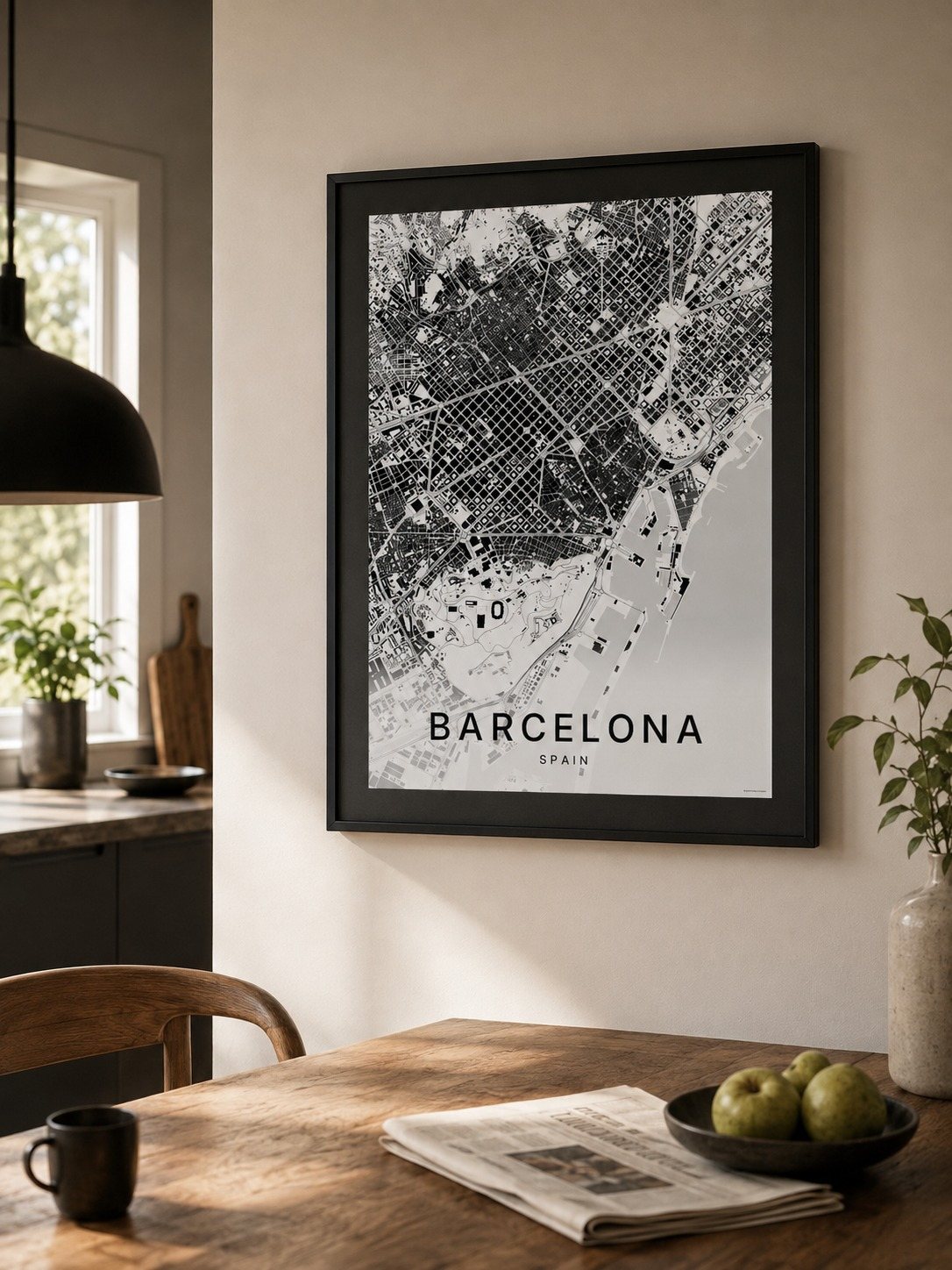 Barcelona map print framed on a wall