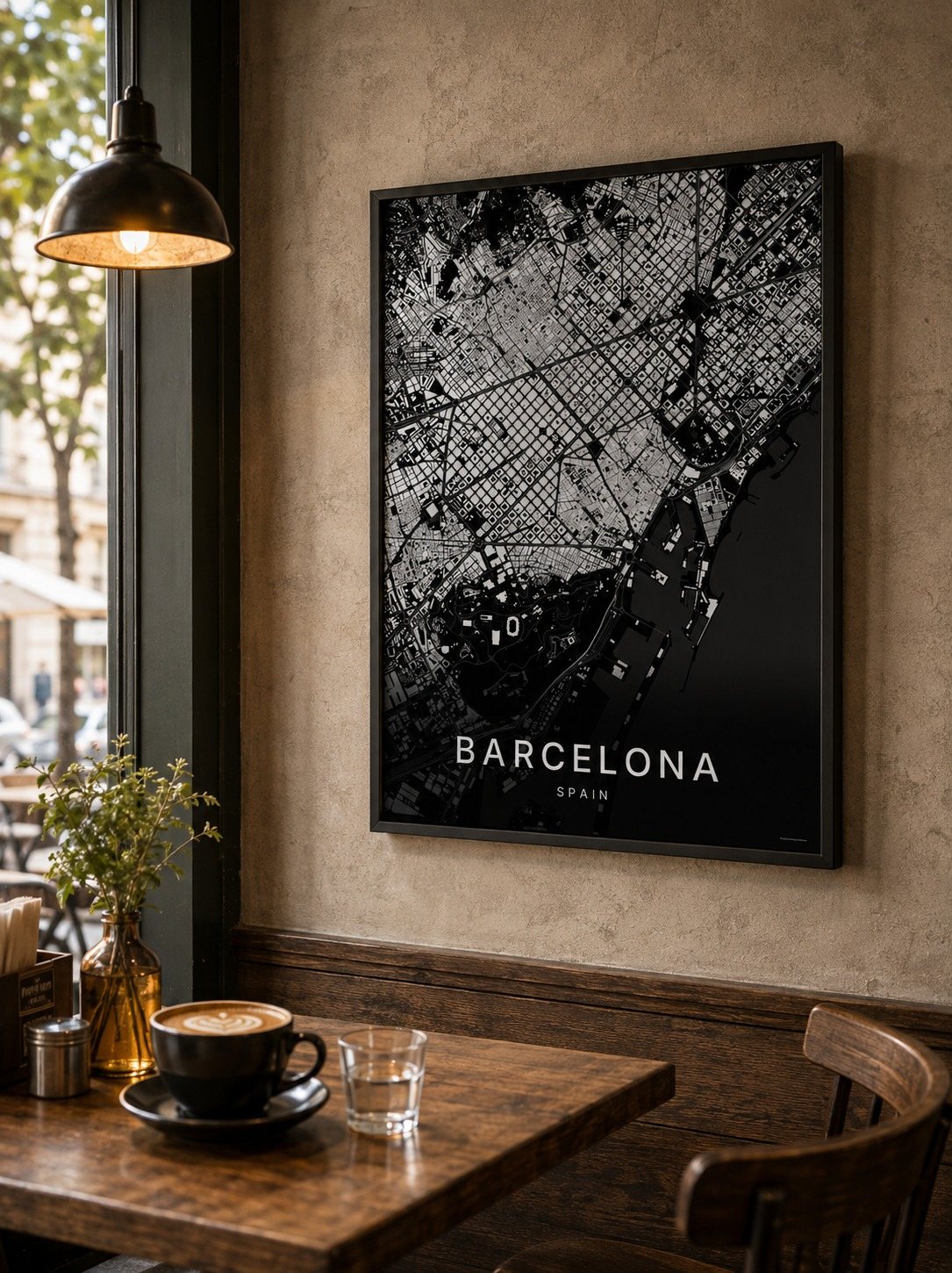 Barcelona map print framed on a wall
