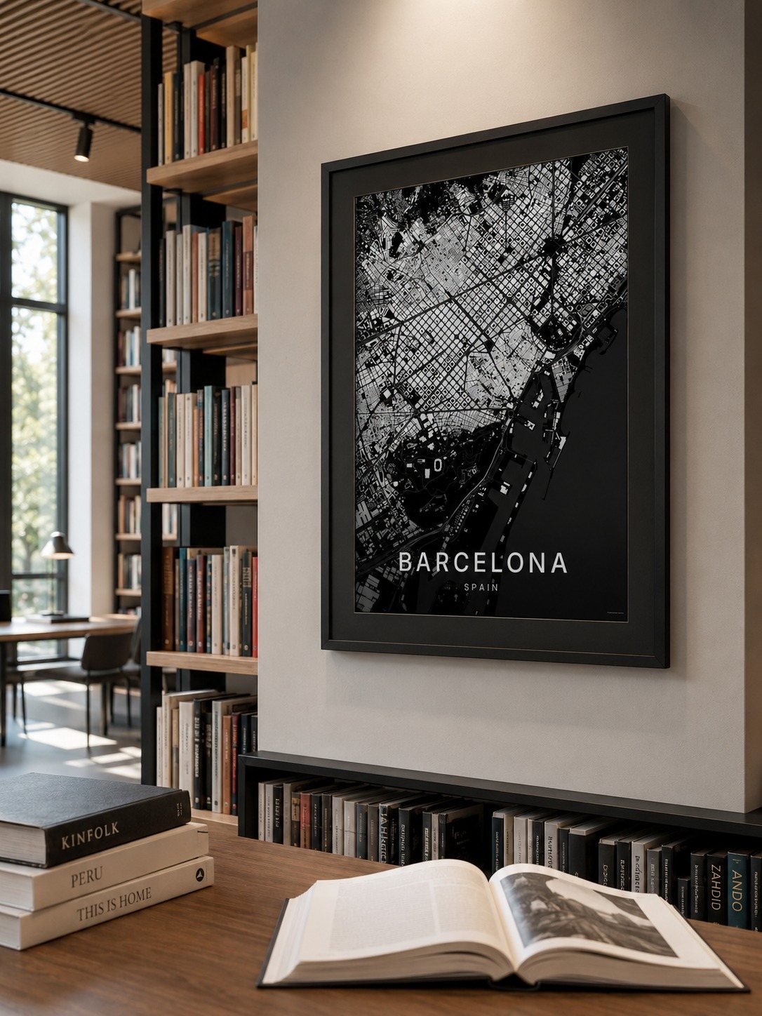 Barcelona map print framed on a wall
