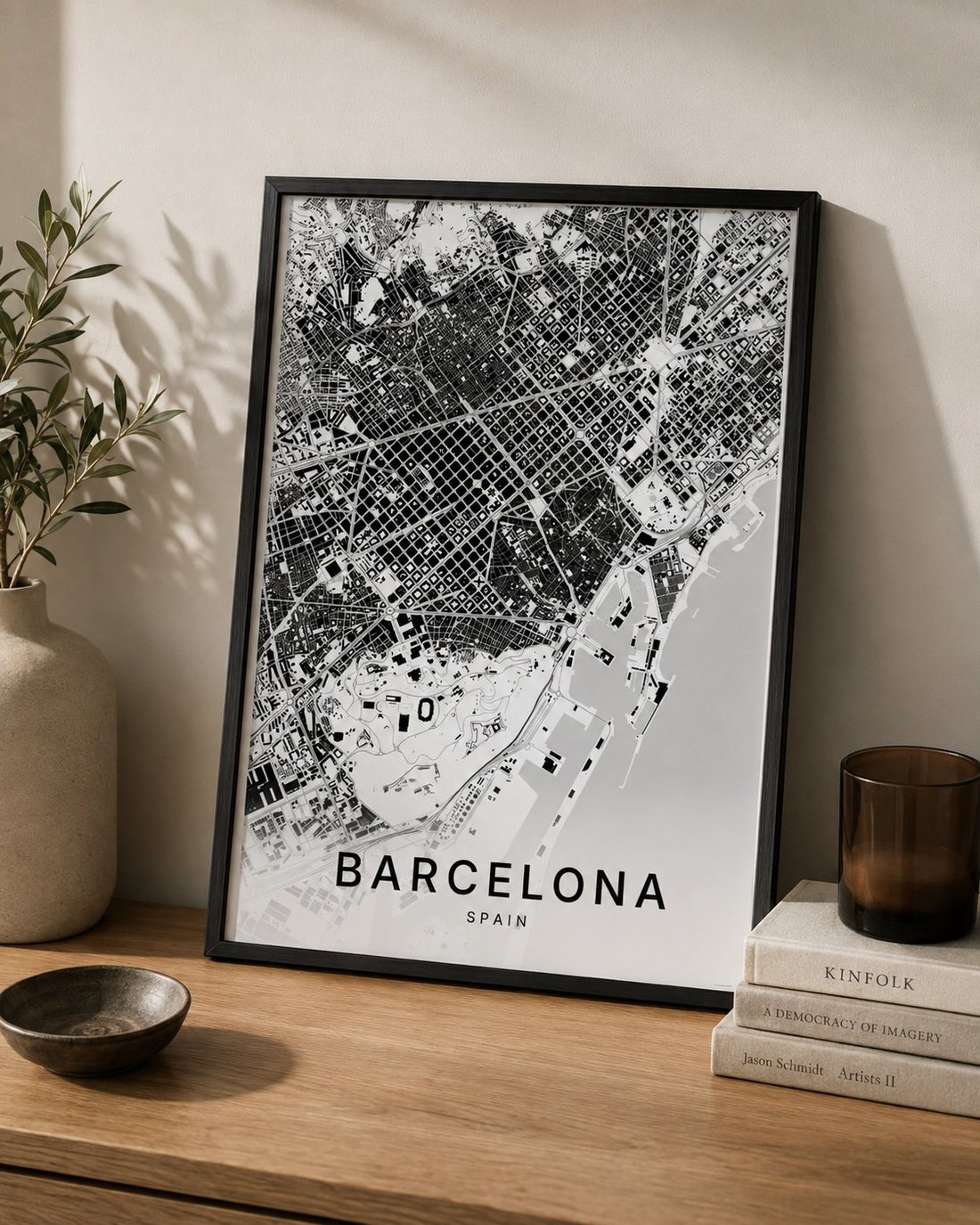 Barcelona map print framed on a wall