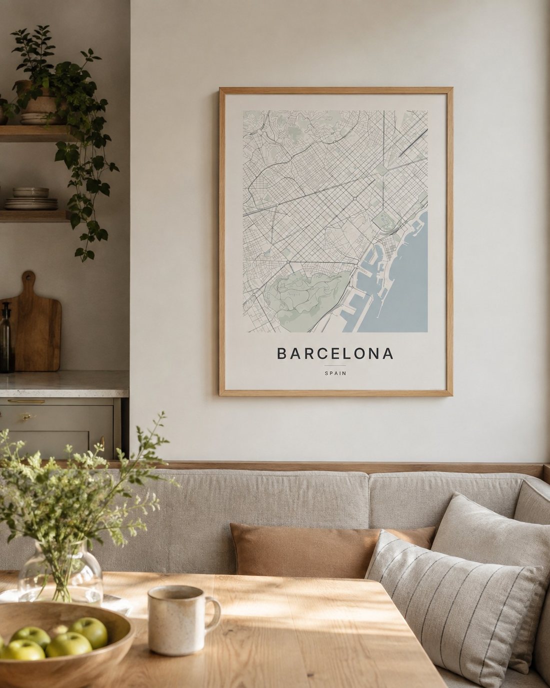 Barcelona map print framed on a wall
