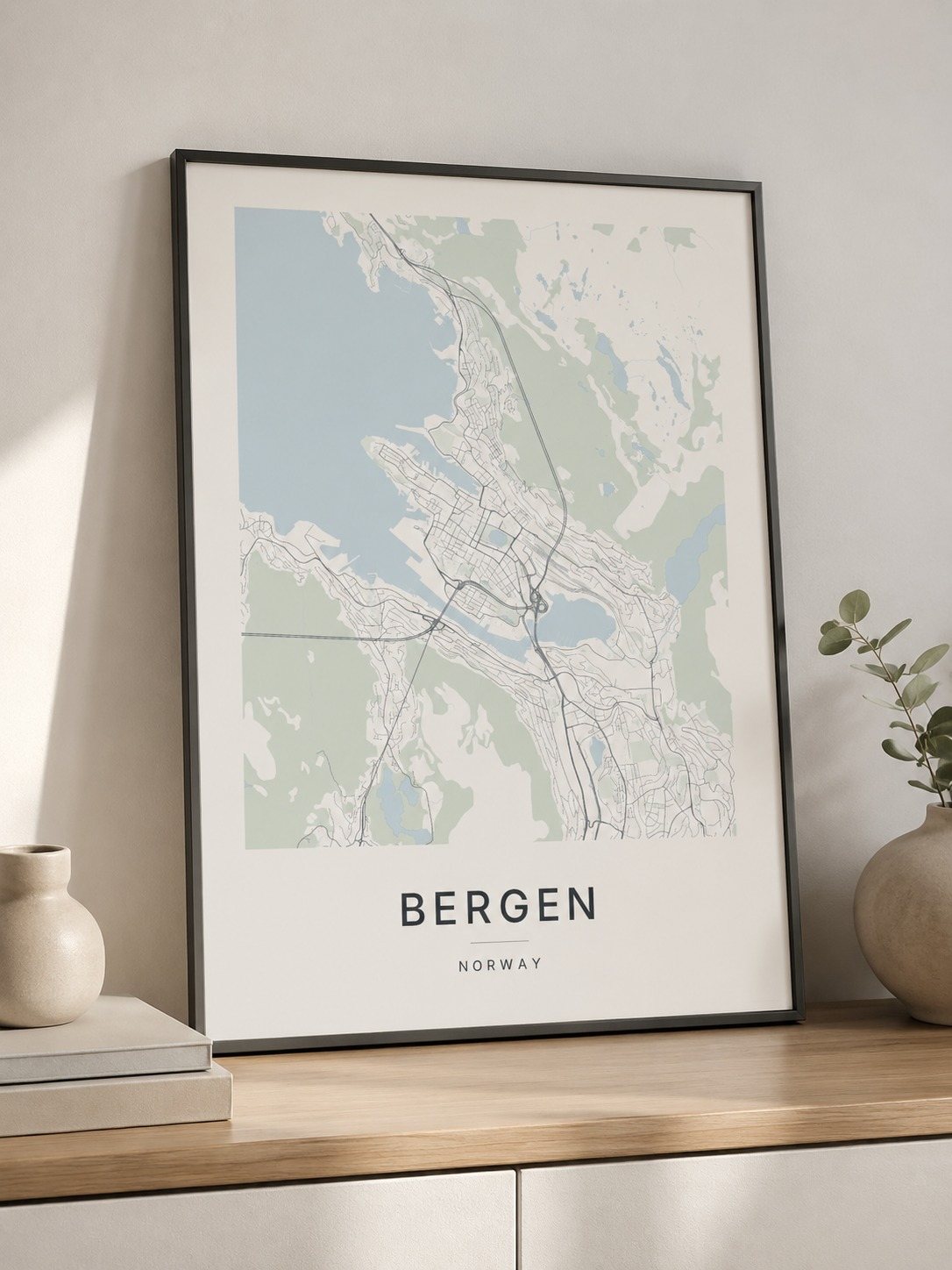 Bergen map print framed on a wall