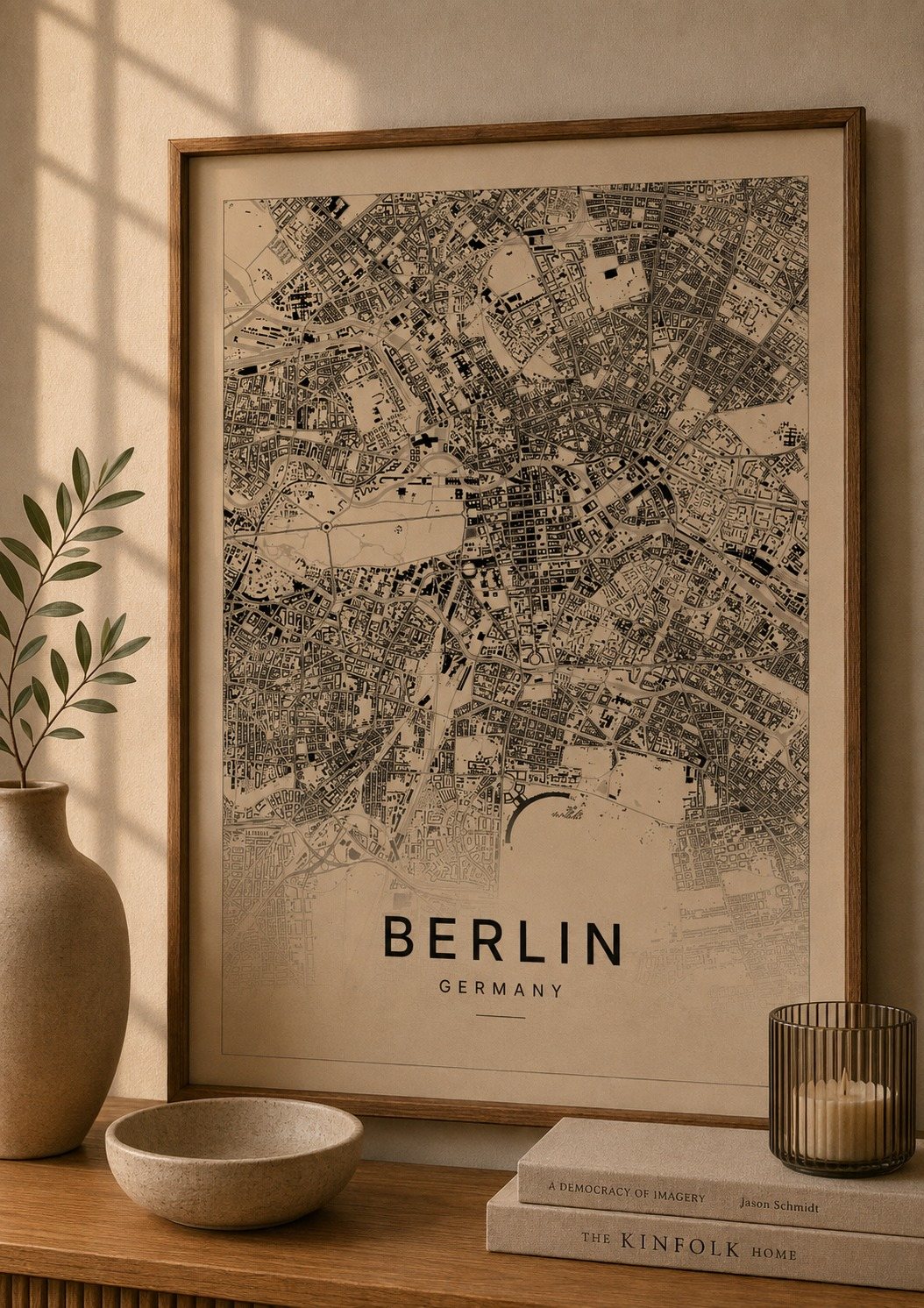 Berlin map print framed on a wall
