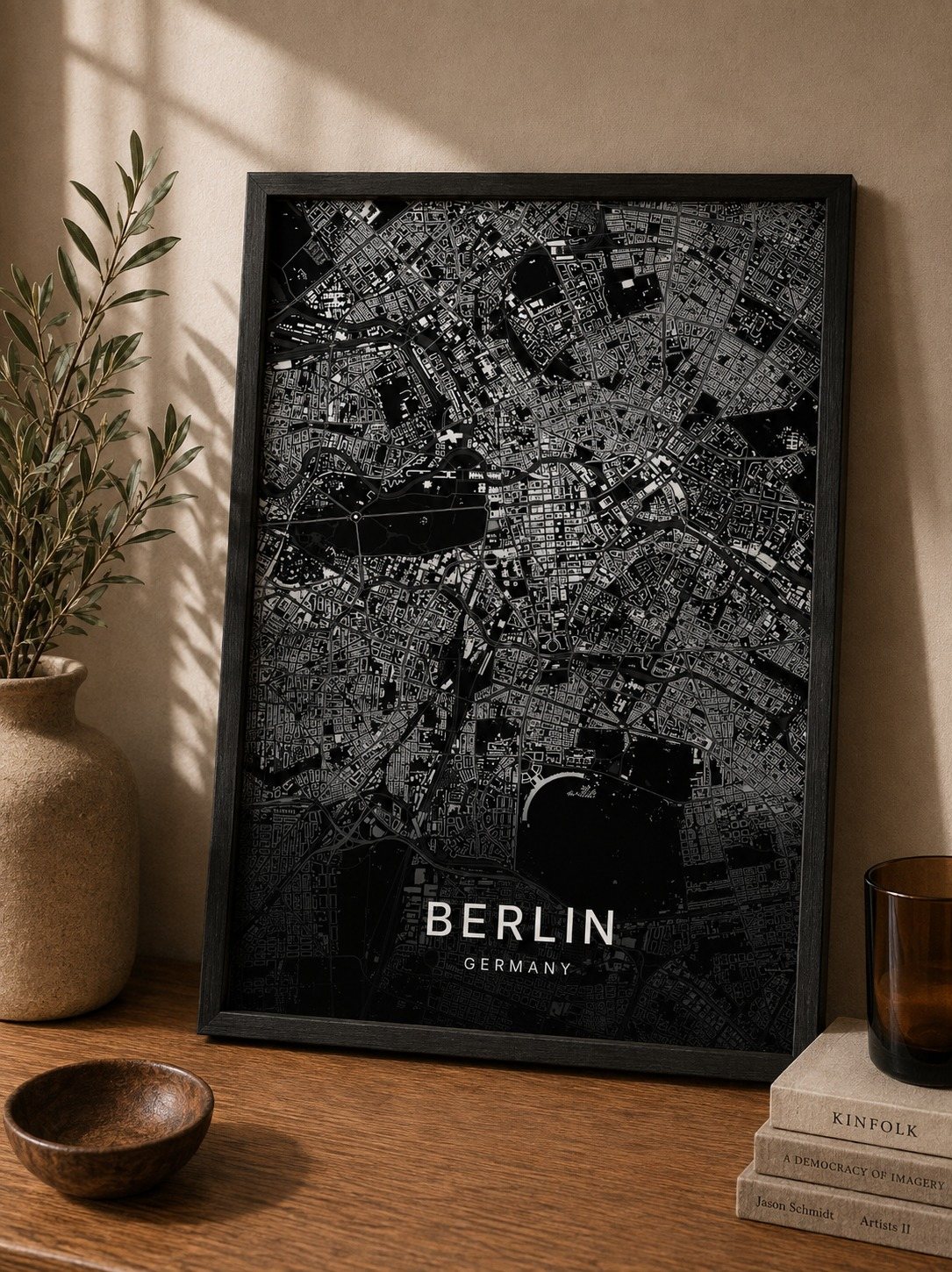 Berlin map print framed on a wall