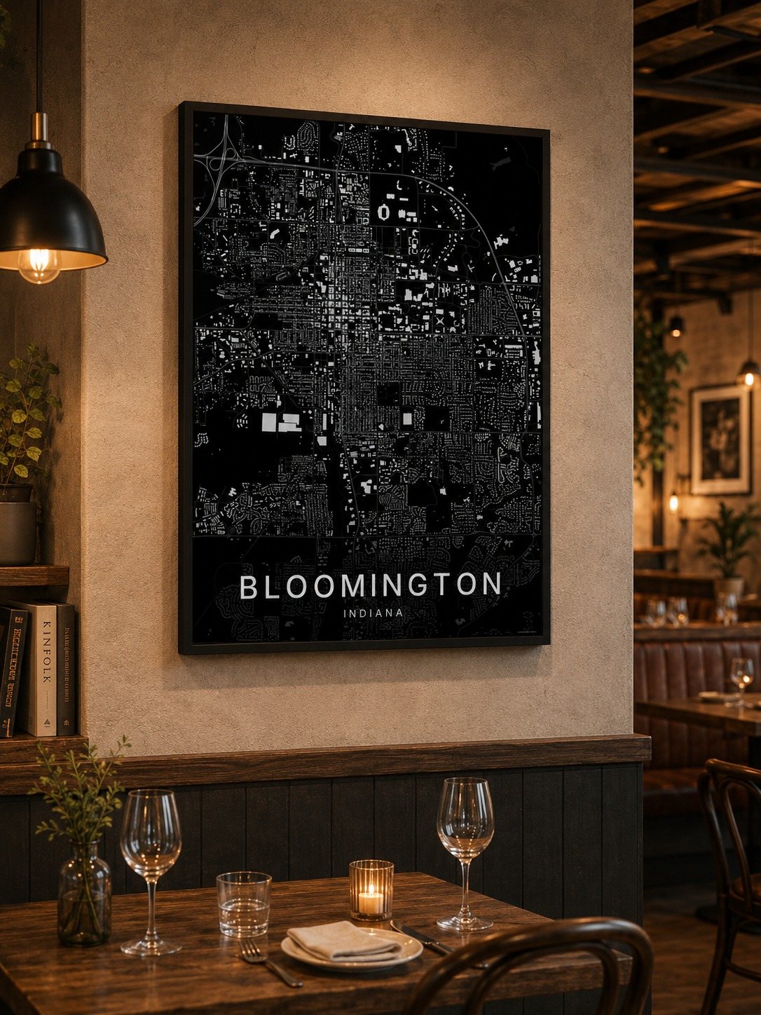 Bloomington map print framed on a wall