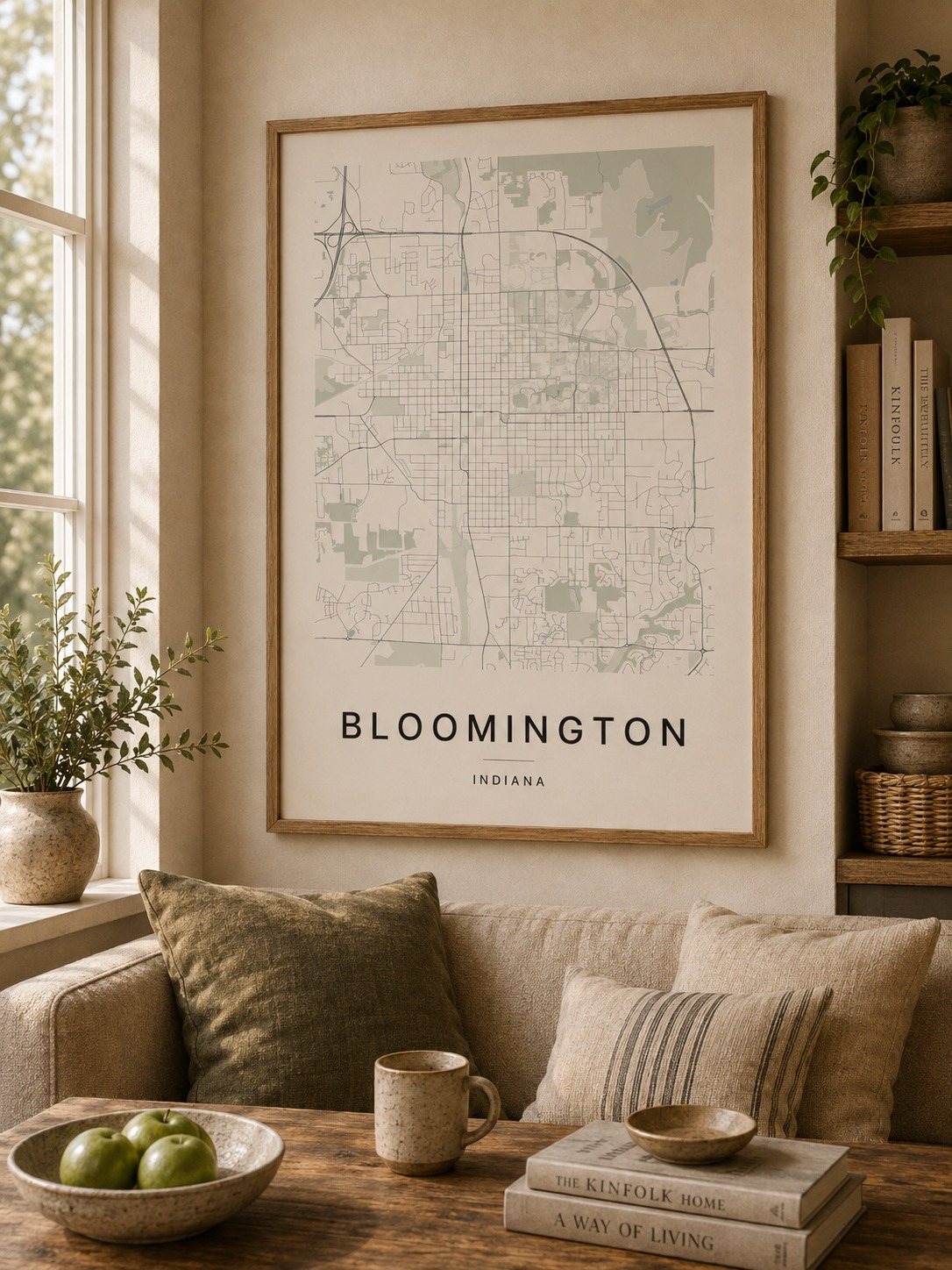 Bloomington map print framed on a wall