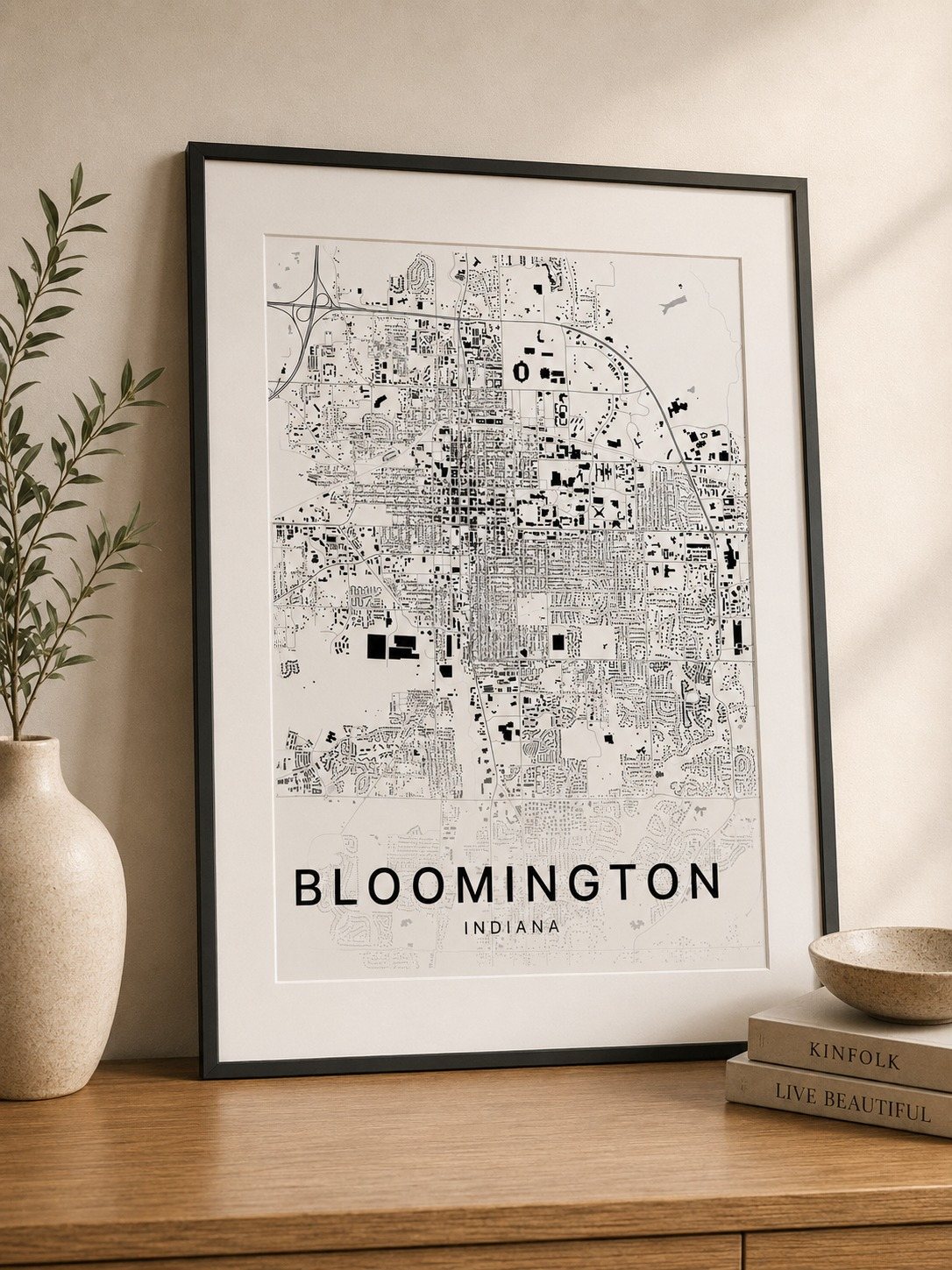 Bloomington map print framed on a wall