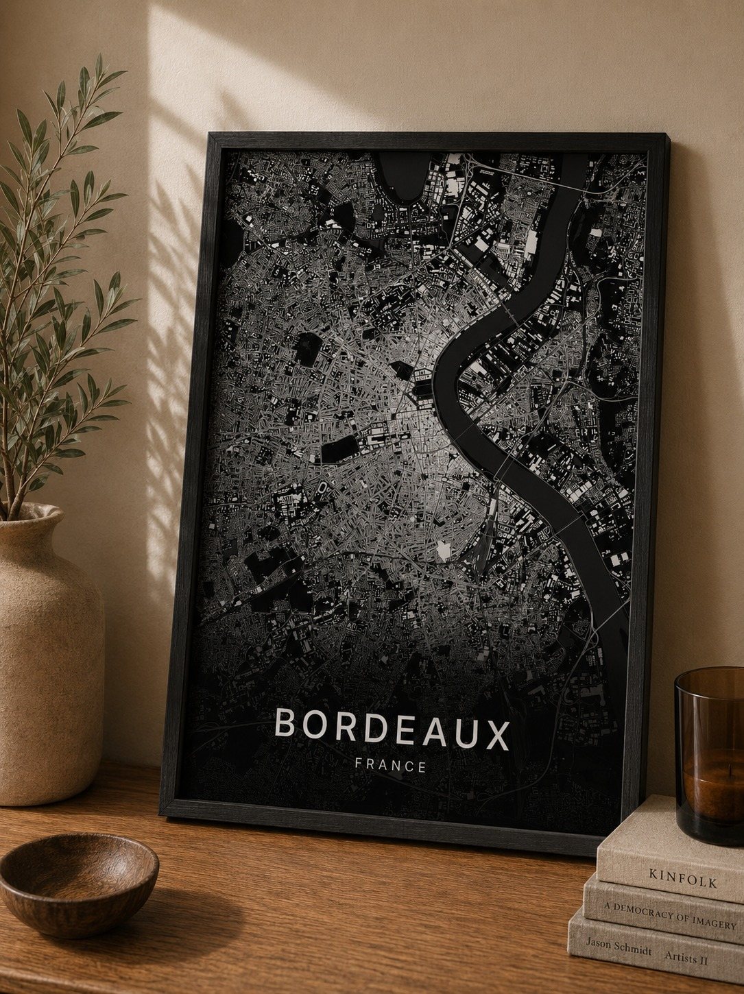 Bordeaux map print framed on a wall