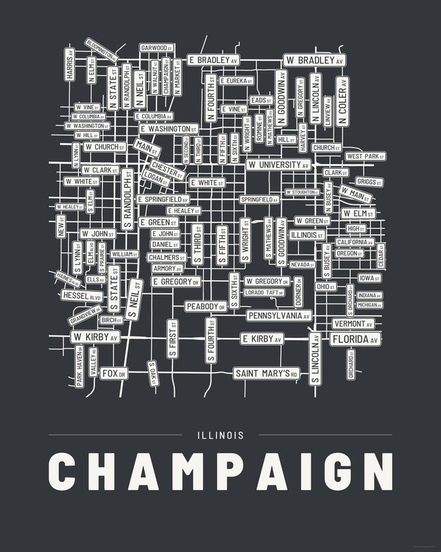 Champaign street map print, Ink colorway