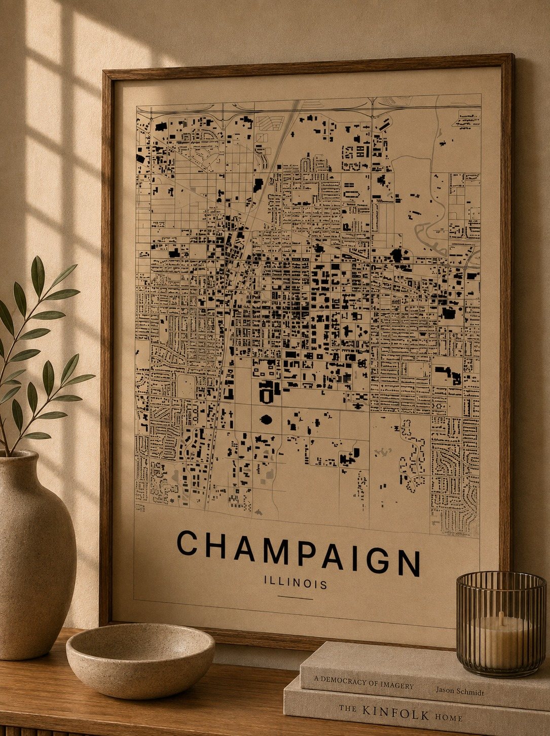 Champaign map print framed on a wall