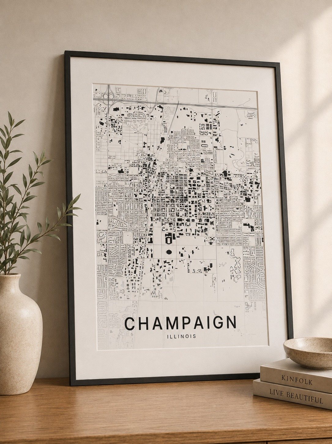 Champaign map print framed on a wall