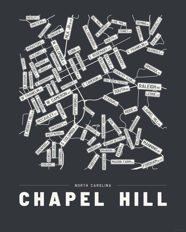 Chapel Hill street map print, Ink colorway