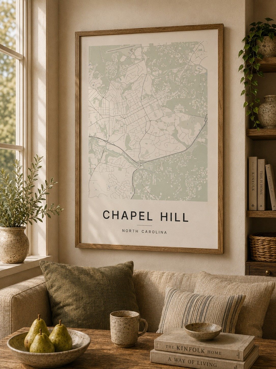 Chapel Hill map print framed on a wall