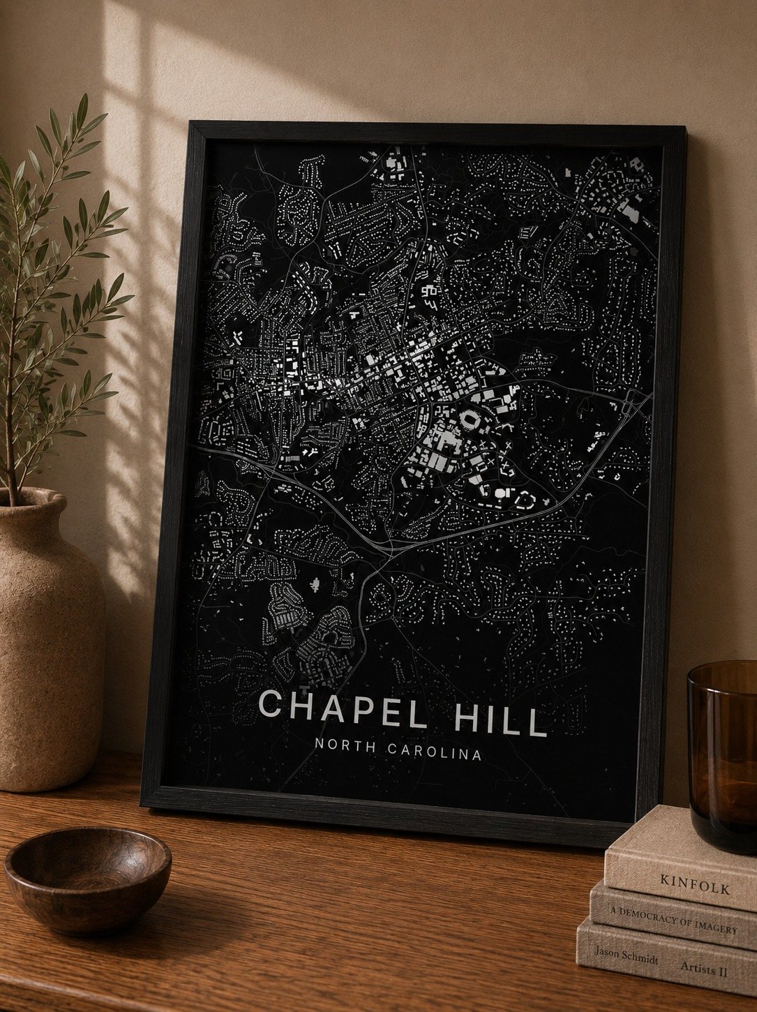 Chapel Hill map print framed on a wall