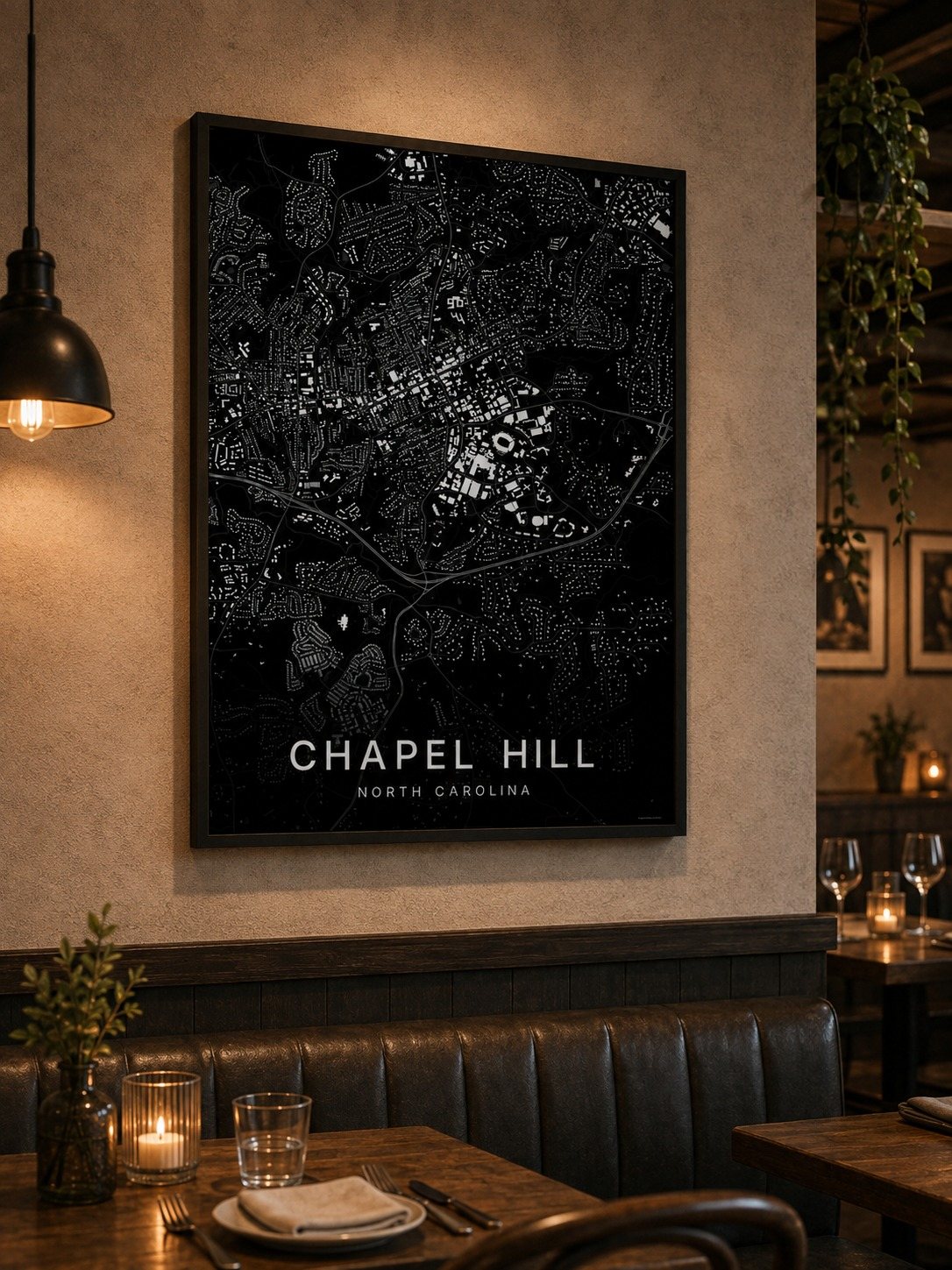 Chapel Hill map print framed on a wall