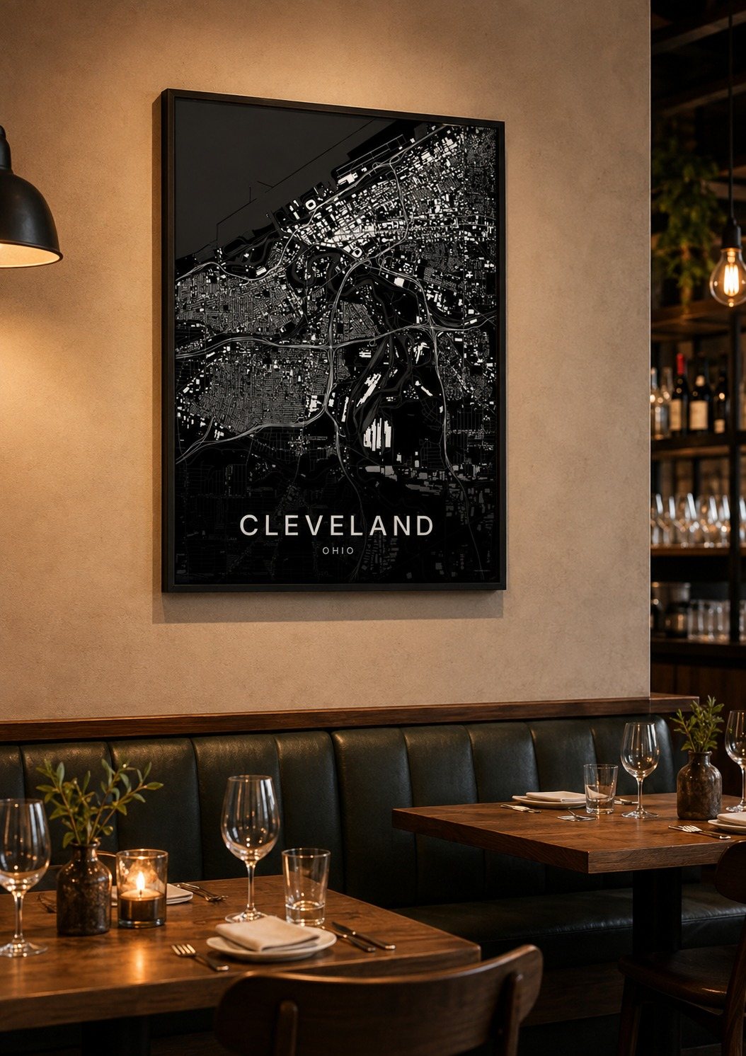 Cleveland map print framed on a wall
