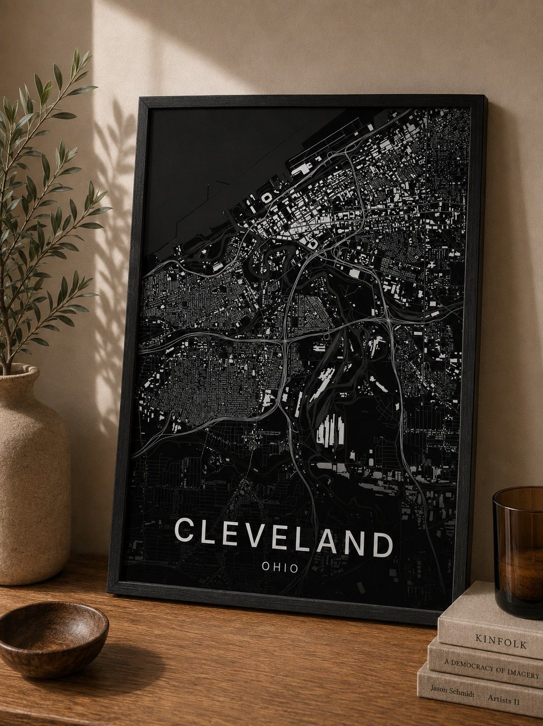 Cleveland map print framed on a wall