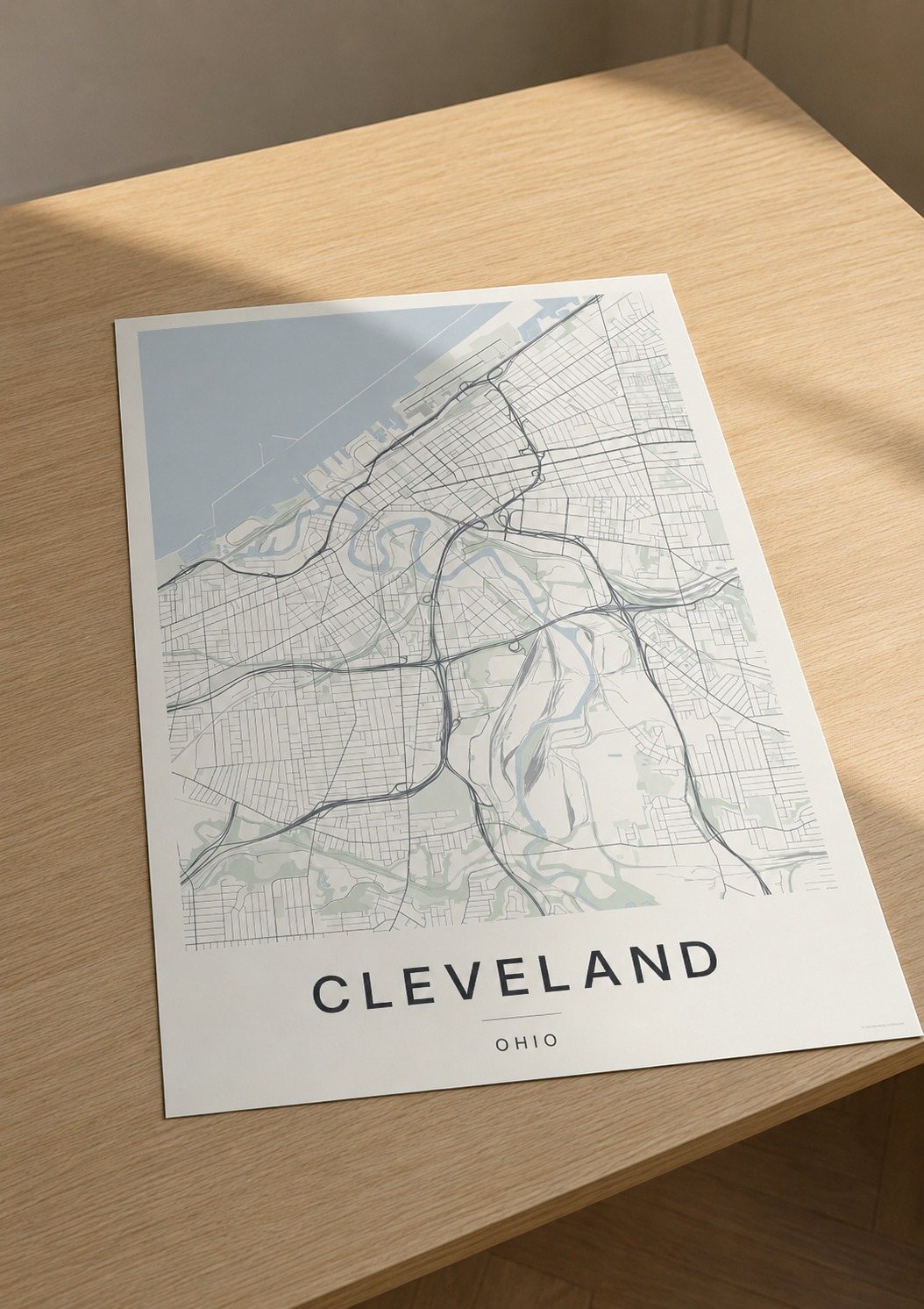 Cleveland map print framed on a wall
