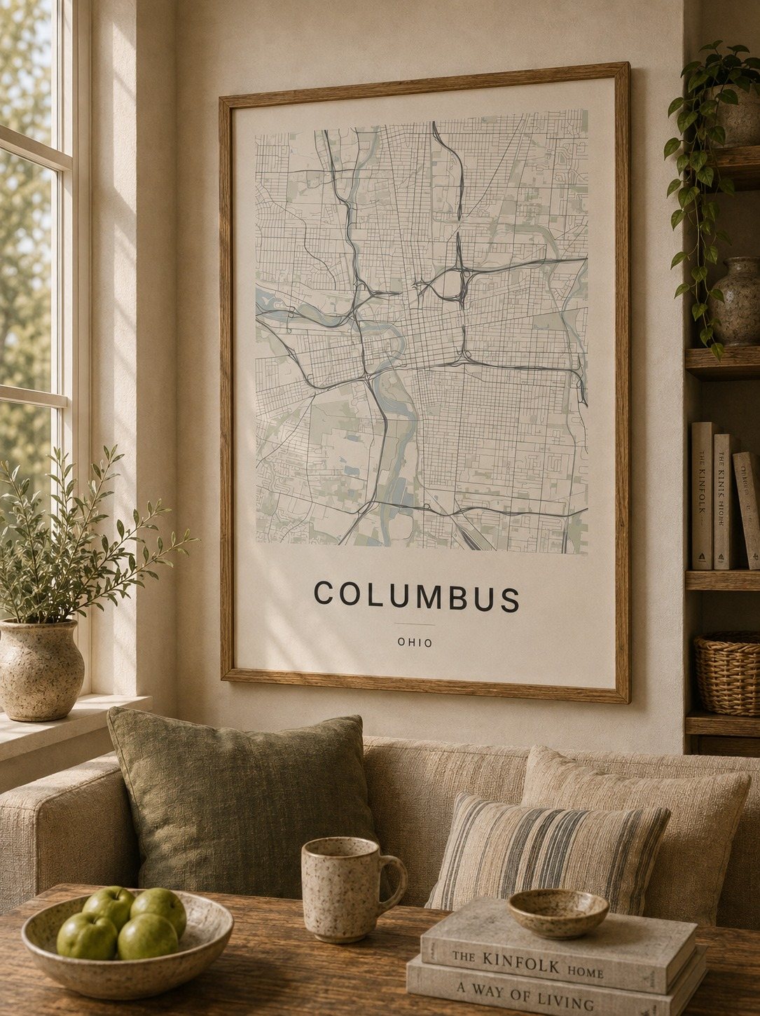 Columbus map print framed on a wall