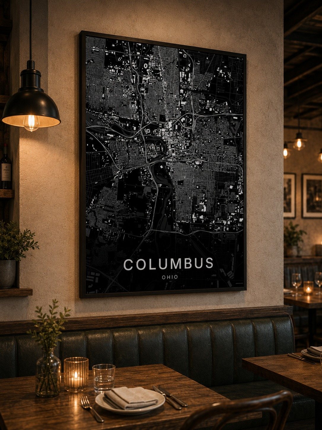 Columbus map print framed on a wall