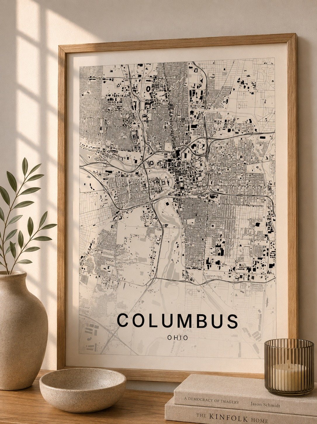 Columbus map print framed on a wall