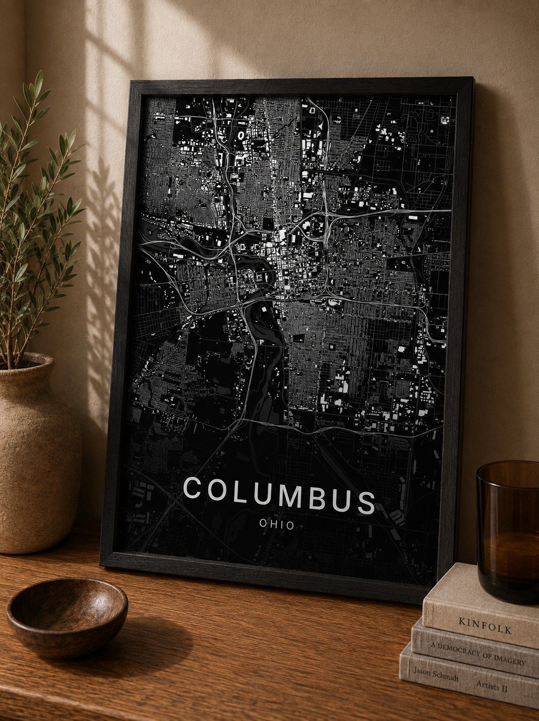 Columbus map print framed on a wall