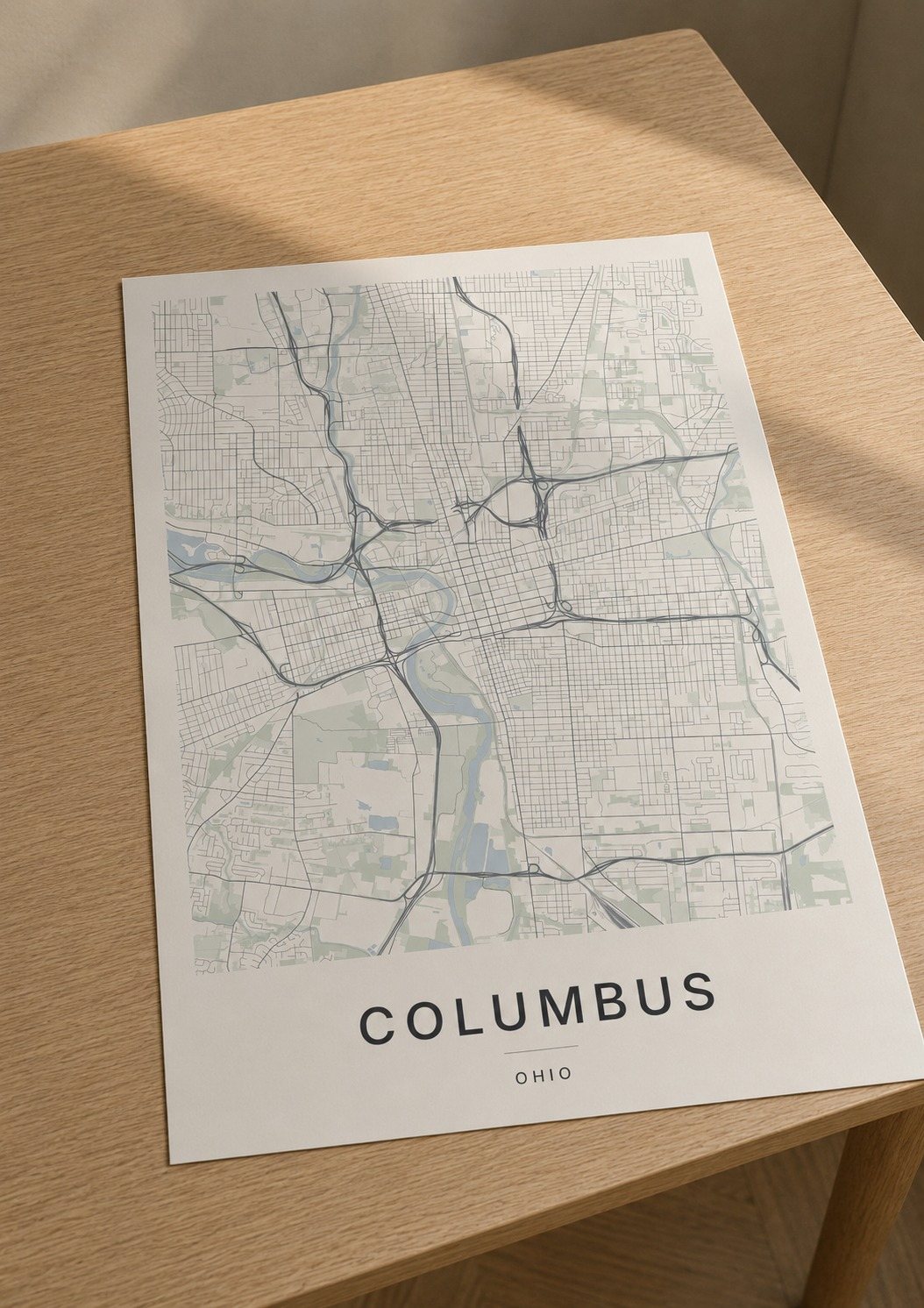 Columbus map print framed on a wall