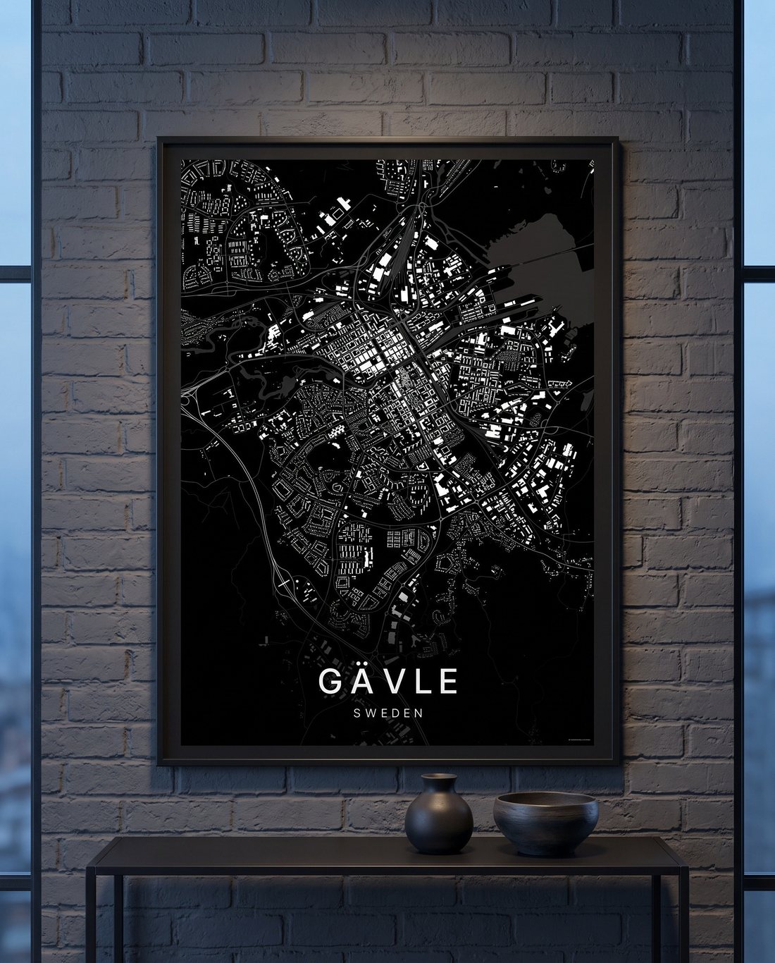 Gävle map print framed on a wall