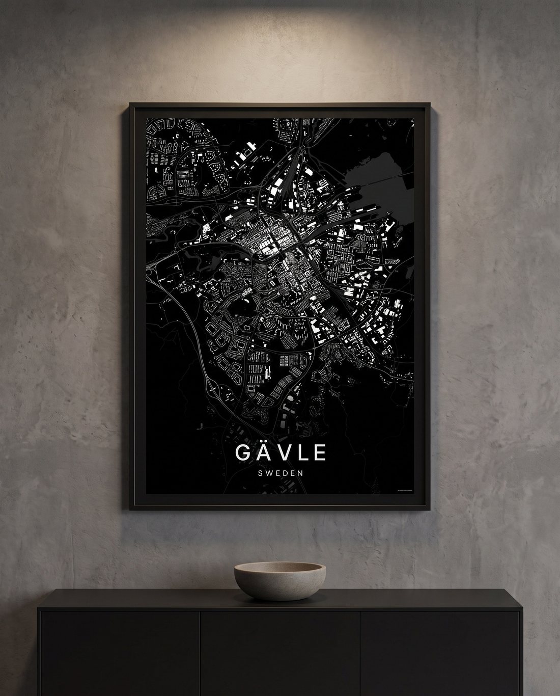 Gävle map print framed on a wall
