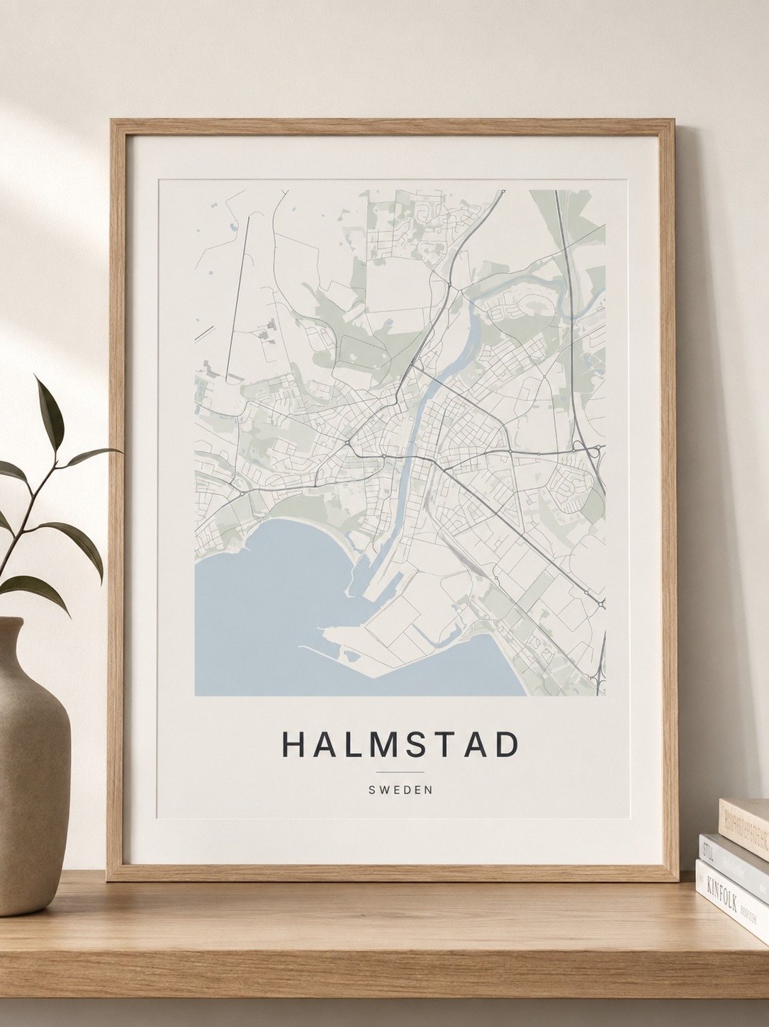 Halmstad map print framed on a wall