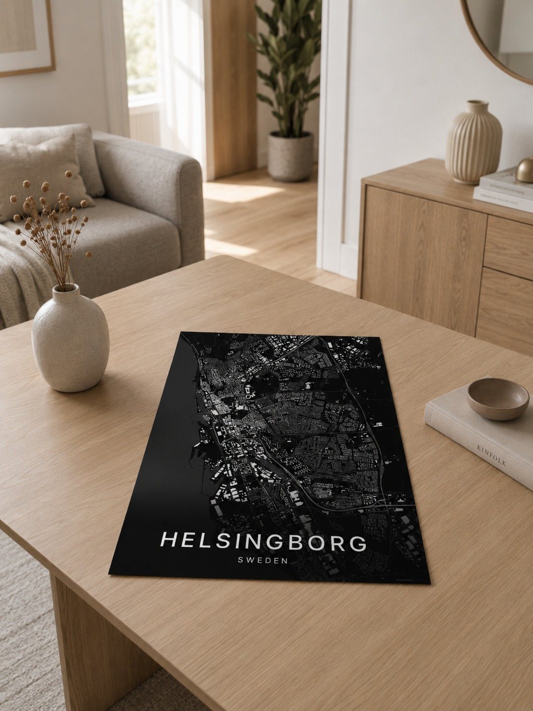 Helsingborg map print framed on a wall
