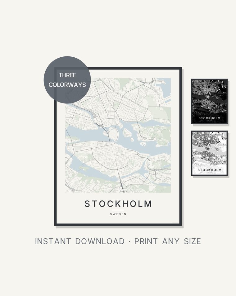 Framed KVARTER Stockholm map prints in three colorways on a wall