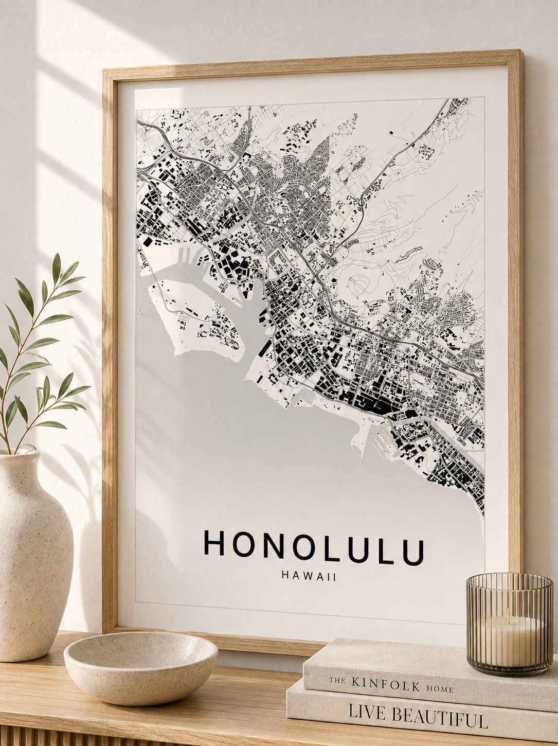 Honolulu map print framed on a wall