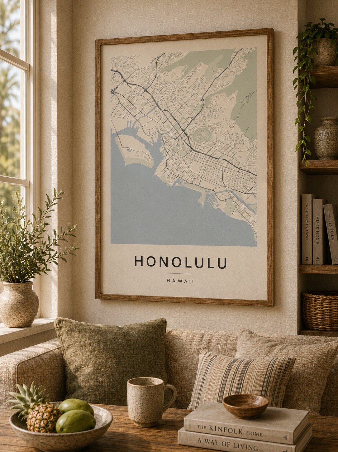 Honolulu map print framed on a wall