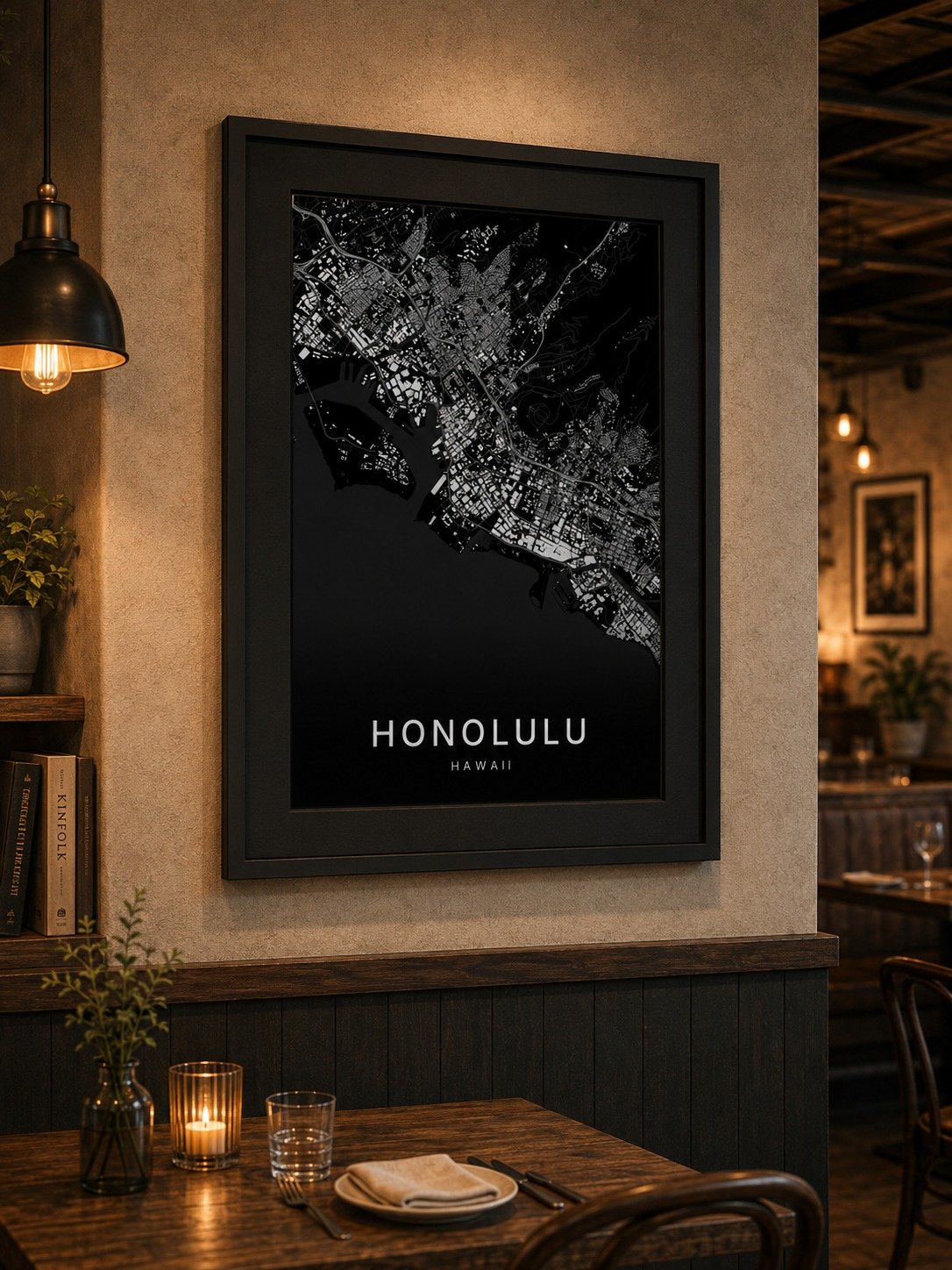 Honolulu map print framed on a wall
