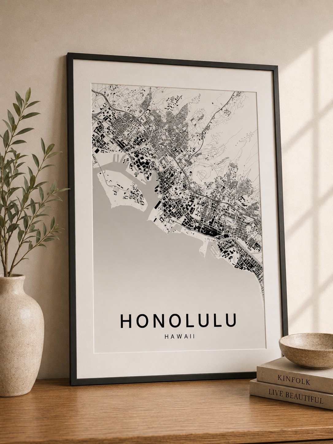 Honolulu map print framed on a wall