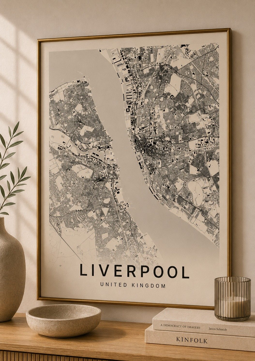 Liverpool map print framed on a wall