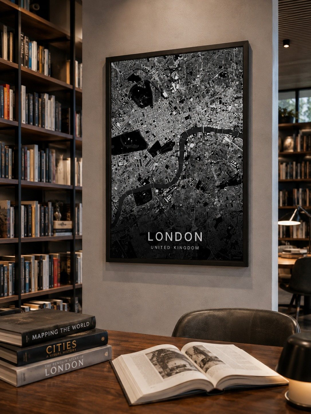 London map print framed on a wall