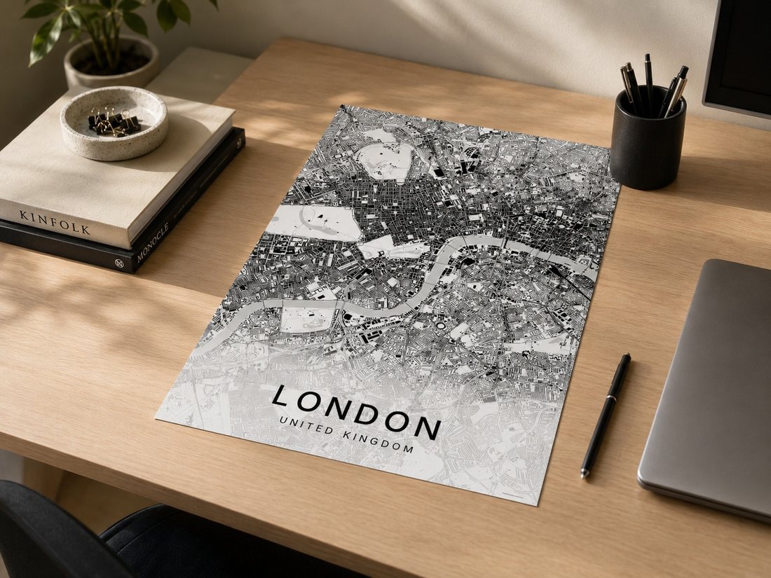 London map print framed on a wall