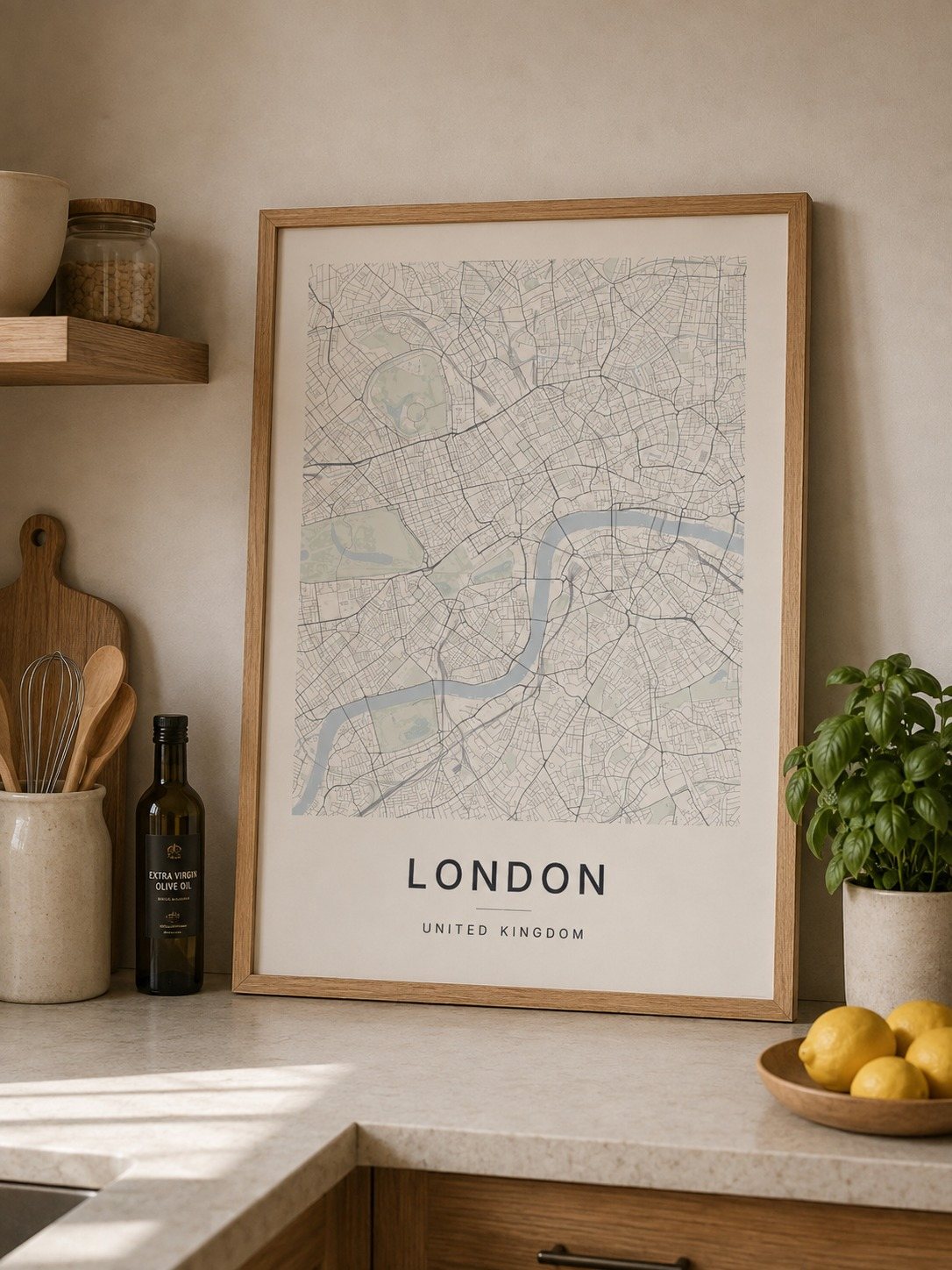 London map print framed on a wall