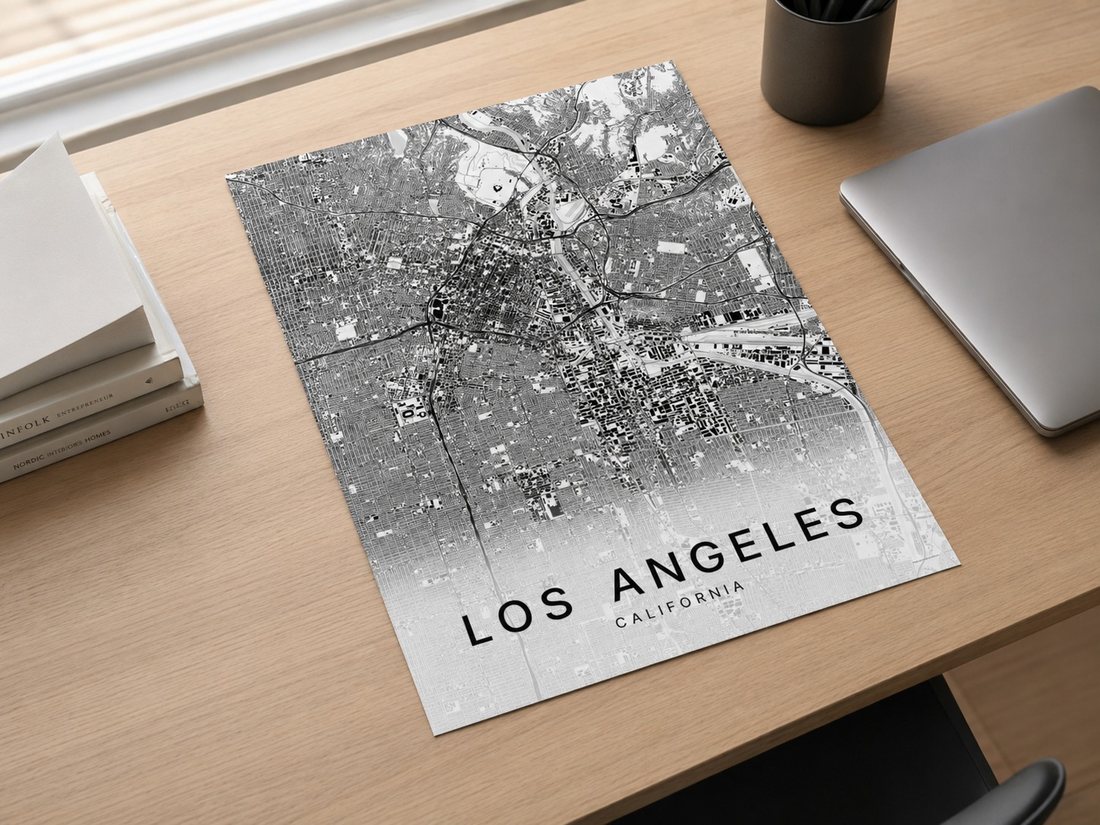 Los Angeles map print framed on a wall