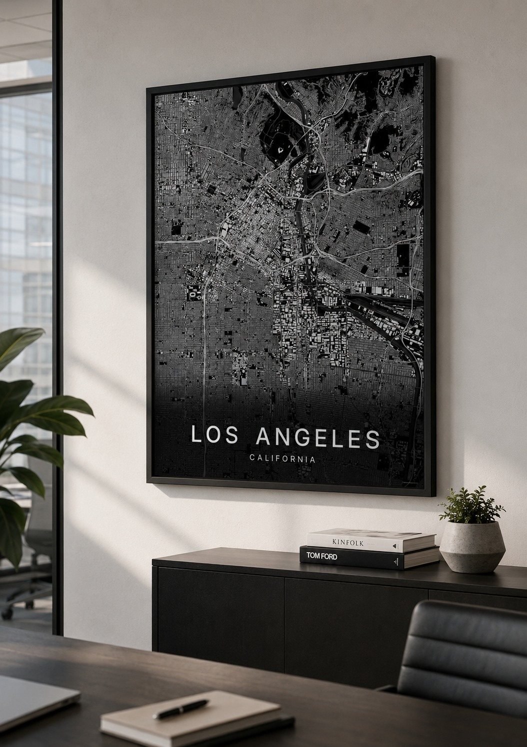 Los Angeles map print framed on a wall