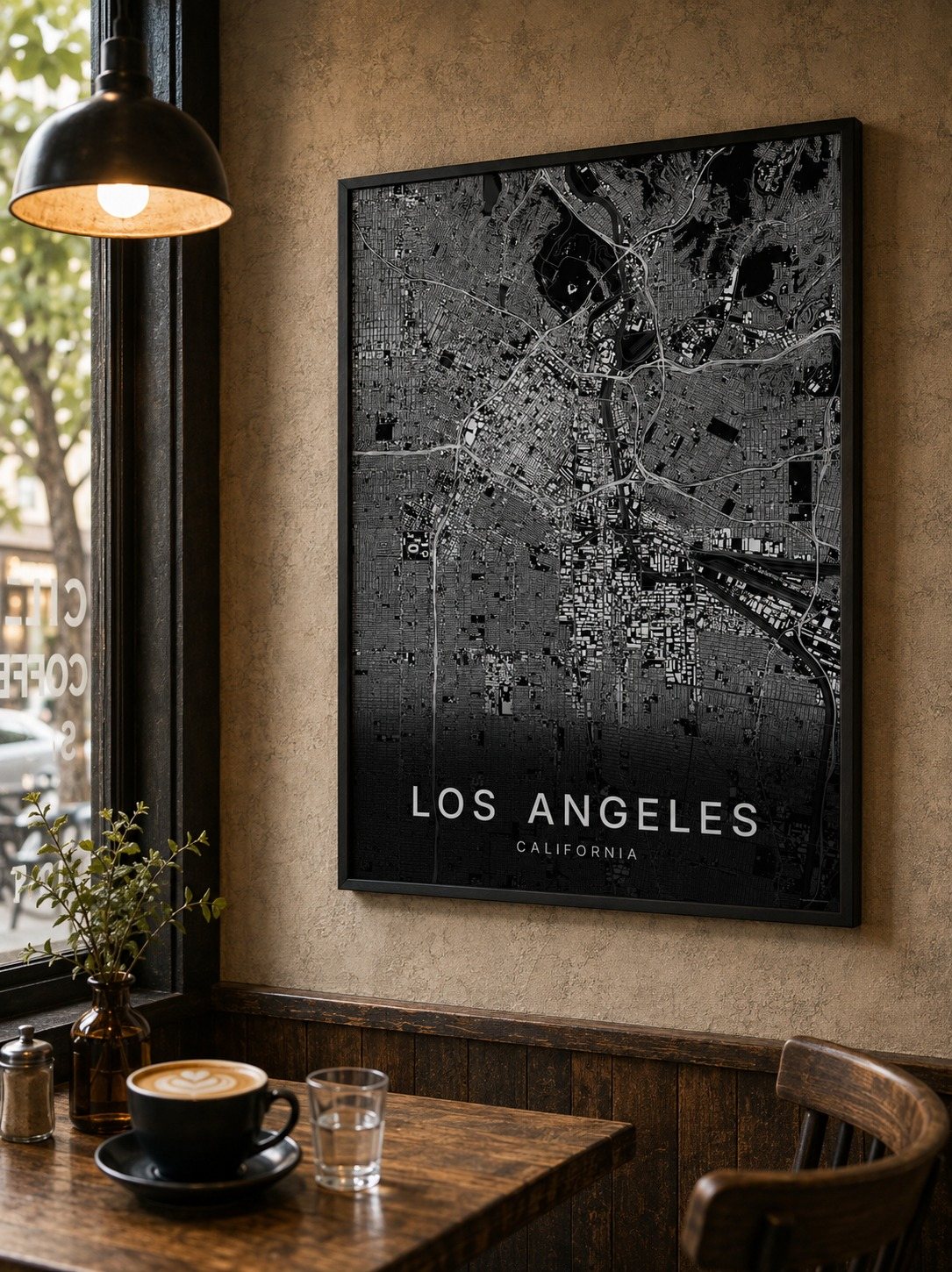 Los Angeles map print framed on a wall