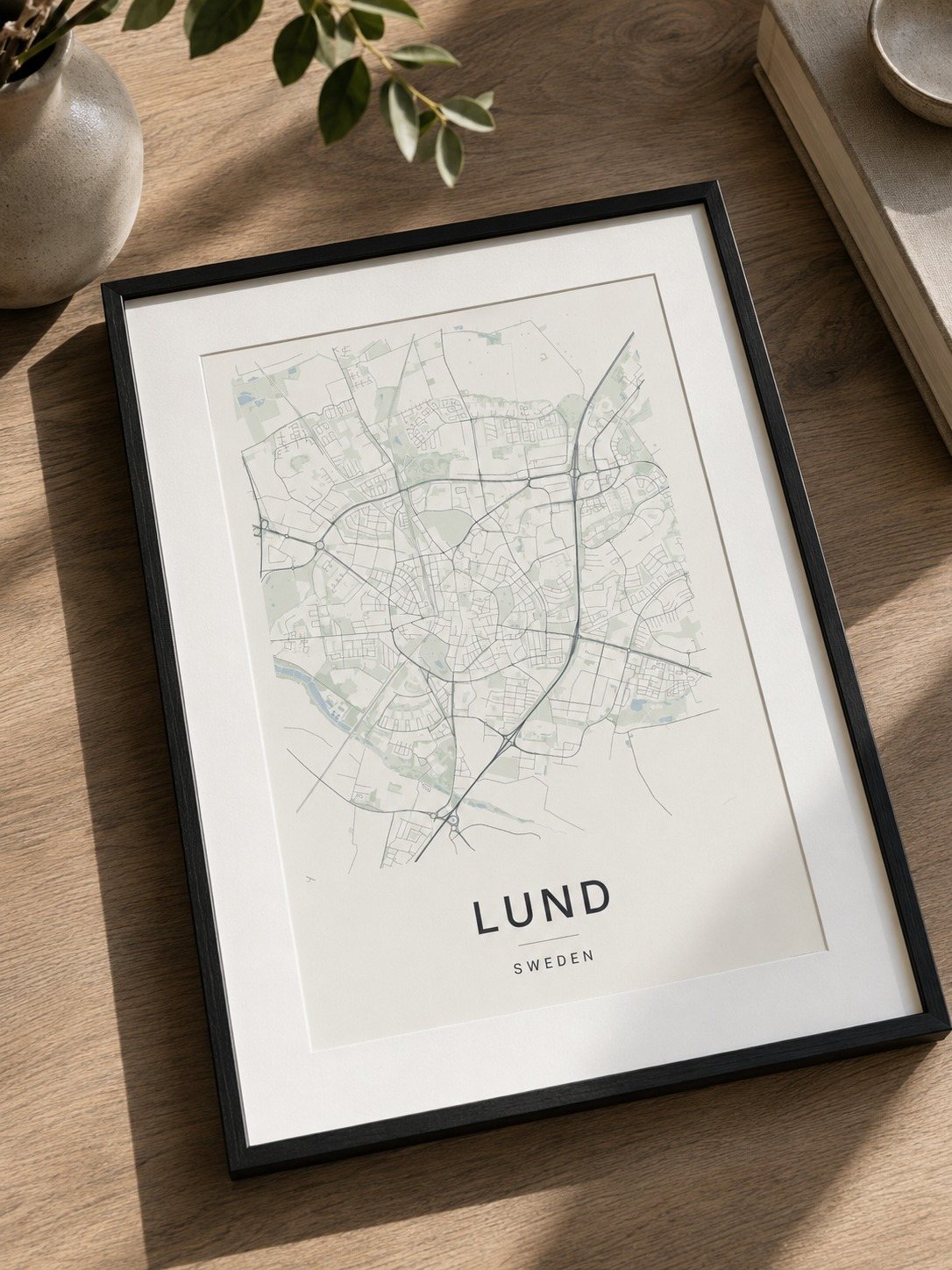 Lund map print framed on a wall